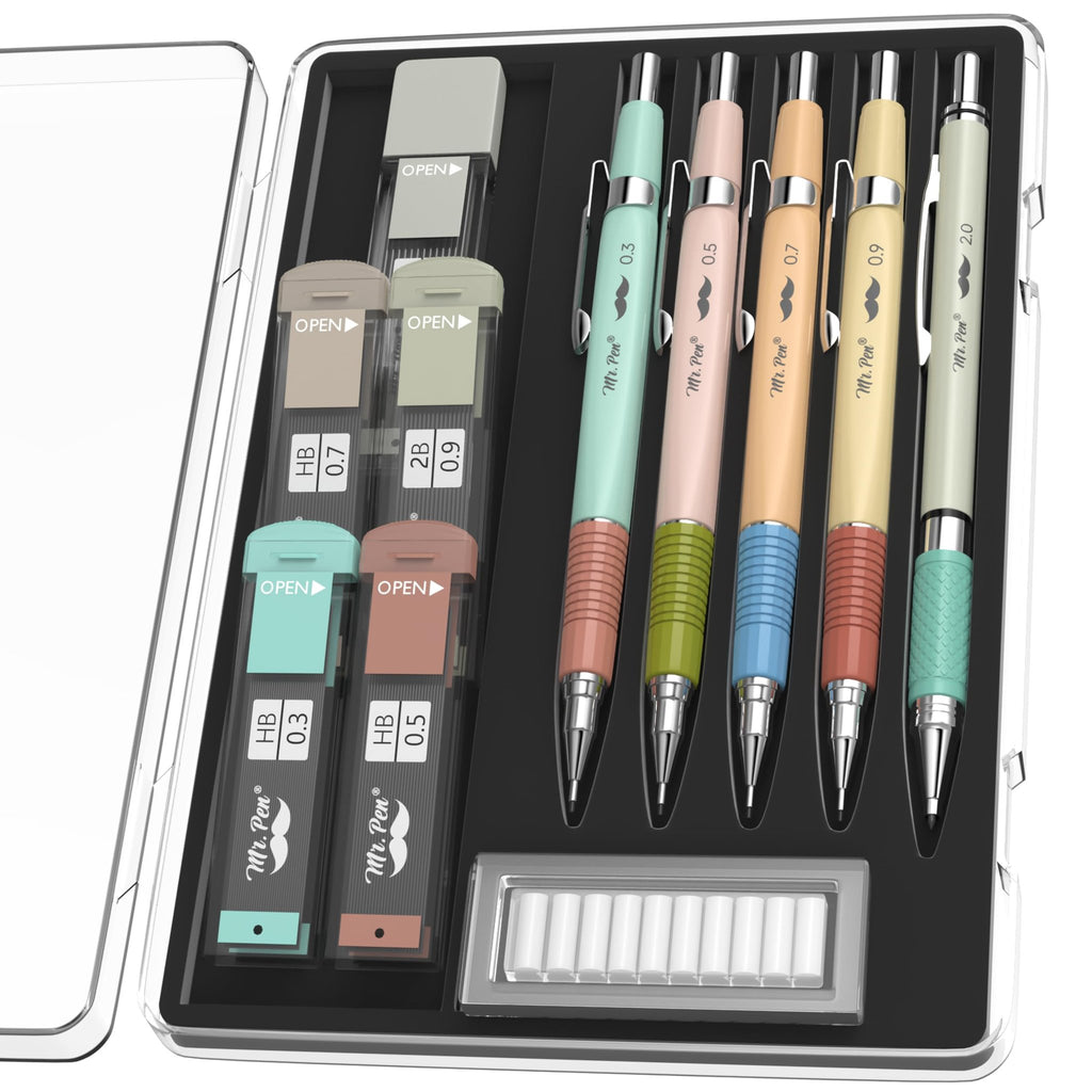 Set of five metal mechanical pencils in a clear case with lead refills and erasers. Pencils are pastel colors with metallic tips.