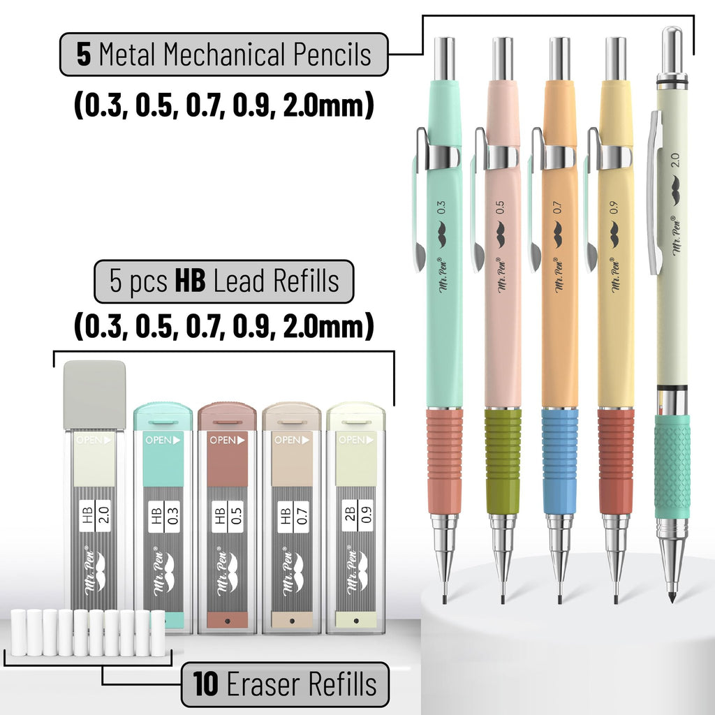 Set of 5 metal mechanical pencils in pastel colors with matching lead refill tubes and eraser refills, showing sizes and contents.