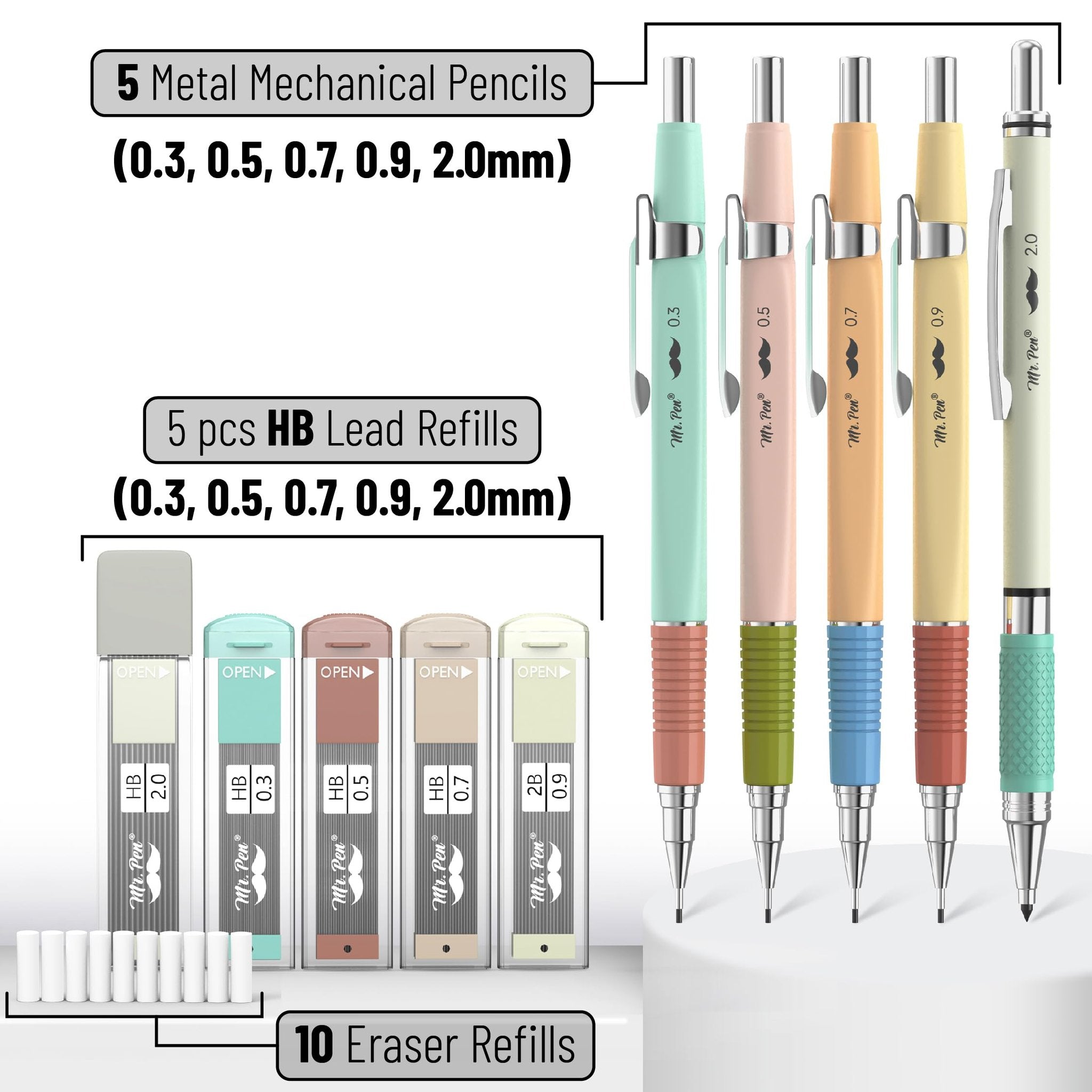 Set of 5 metal mechanical pencils in pastel colors with matching lead refill tubes and eraser refills, showing sizes and contents.