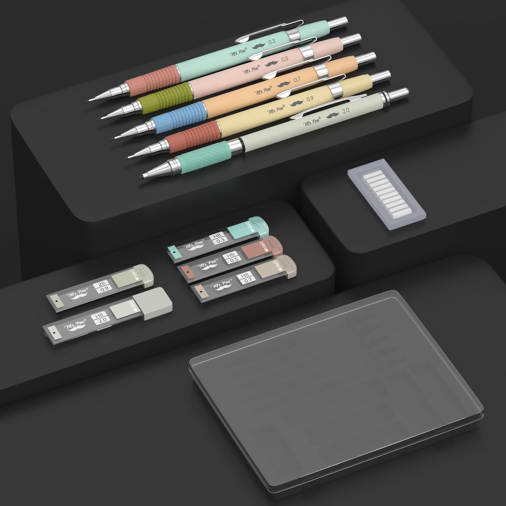 Set of five colored mechanical pencils with different lead sizes, plus lead refill tubes and eraser refills, arranged on dark platforms.
