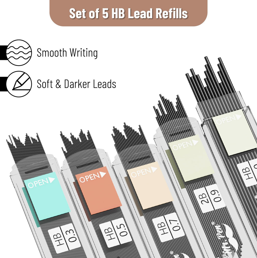 Set of 5 mechanical pencil lead refill tubes, showing different sizes and HB/2B lead types, with 'Open' tabs.