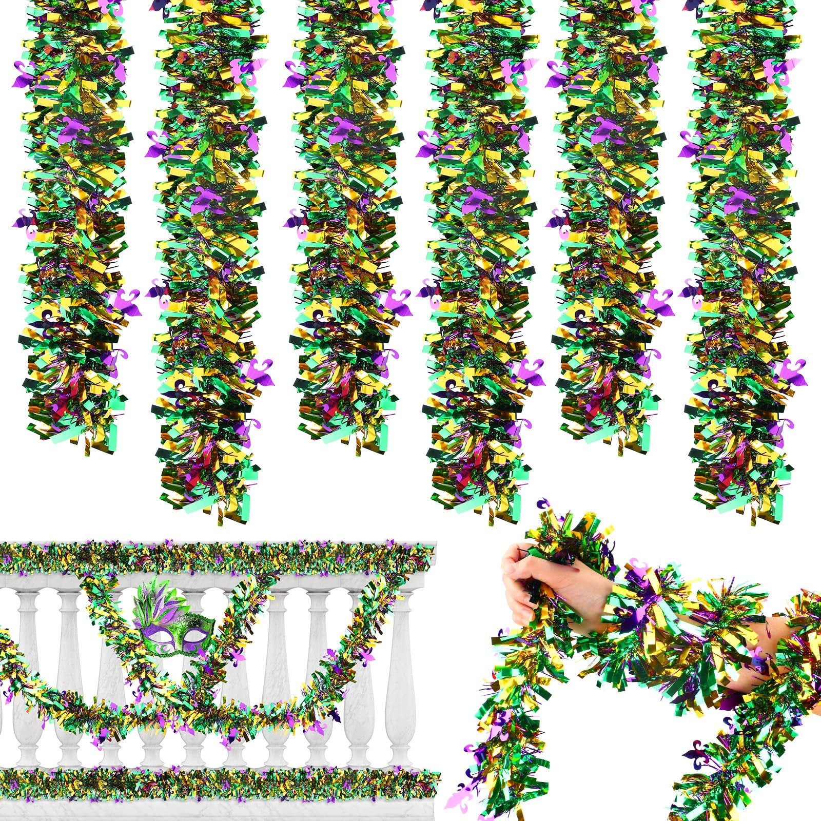 Five metallic tinsel garlands in purple, green, and gold, with Mardi Gras masks and fleur-de-lis accents, displayed on a white railing and held by a hand.