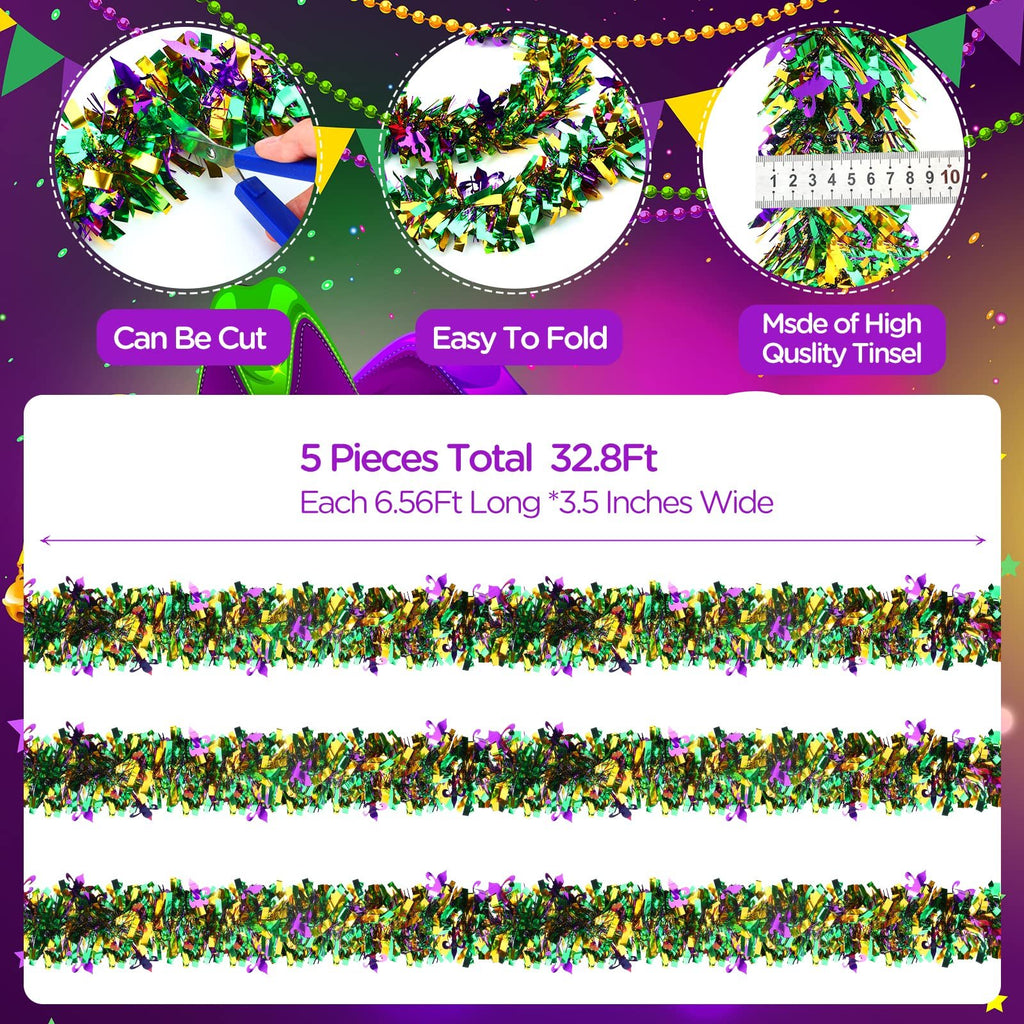 Five metallic tinsel garlands in purple, green, and gold, displayed horizontally with close-ups showing cutting, folding, and a ruler for scale.