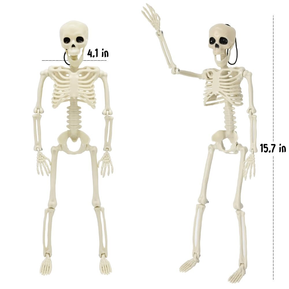 Two full body Halloween skeletons with poseable joints on a white background, one standing straight and one waving.