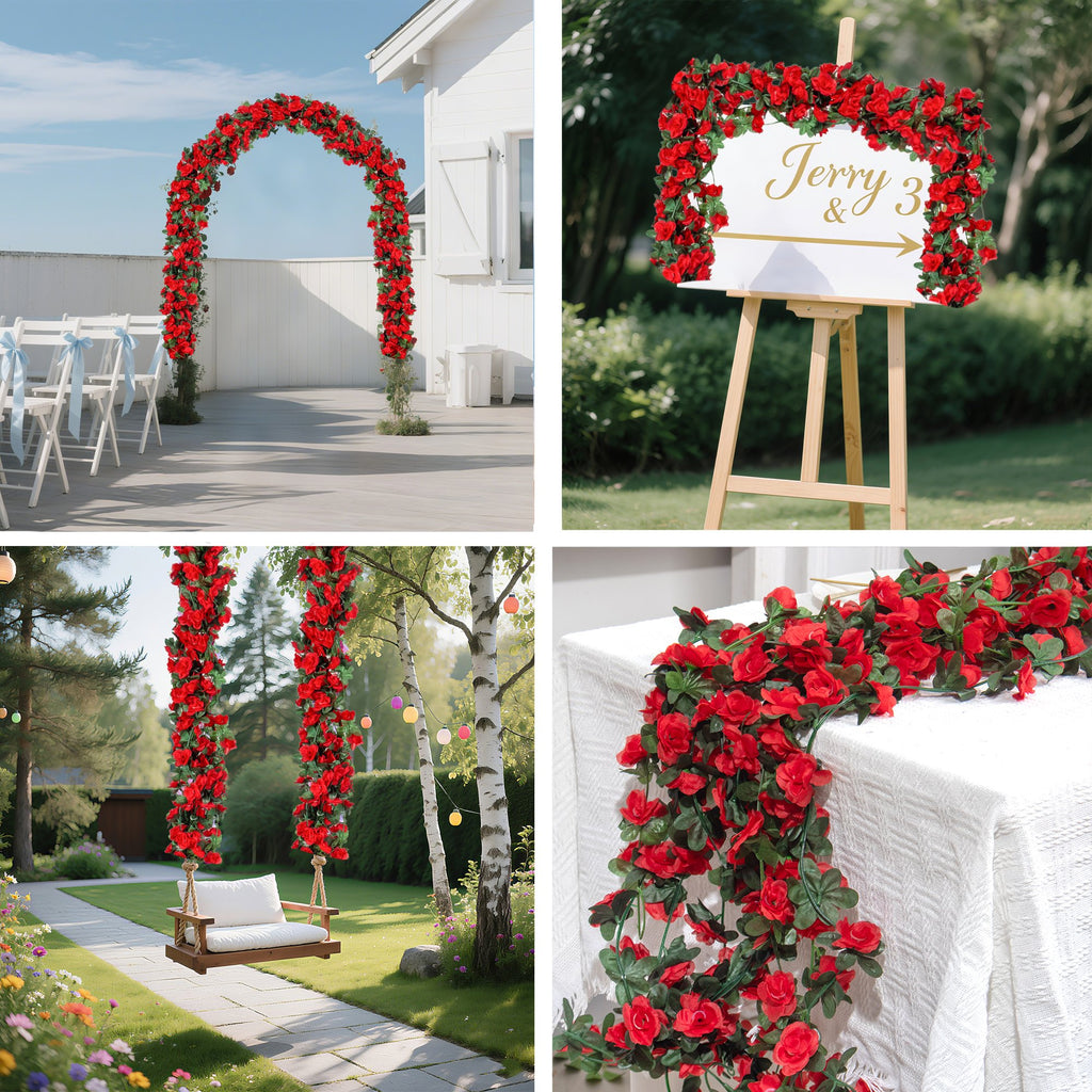 Collage of artificial red rose garlands used for wedding decor: an archway, a welcome sign, hanging from trees, and draped on a table.