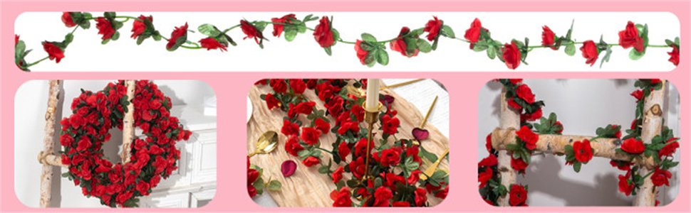 Collage of artificial red rose garlands and a wreath, showcasing floral decor for backdrops and tablescapes.