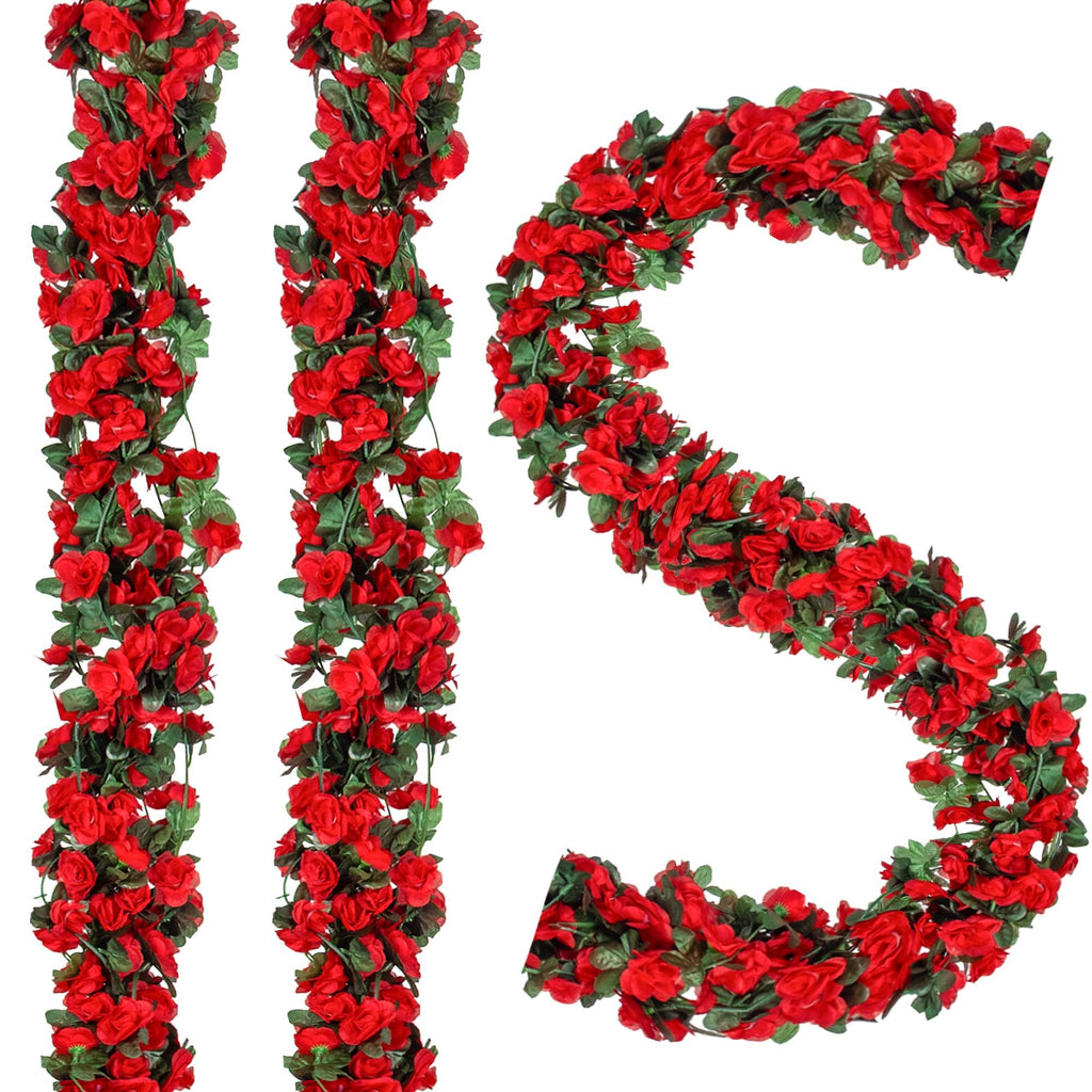 Artificial red rose garland with green leaves arranged in a curve and two vertical strands