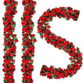 Artificial red rose garland with green leaves arranged in a curve and two vertical strands