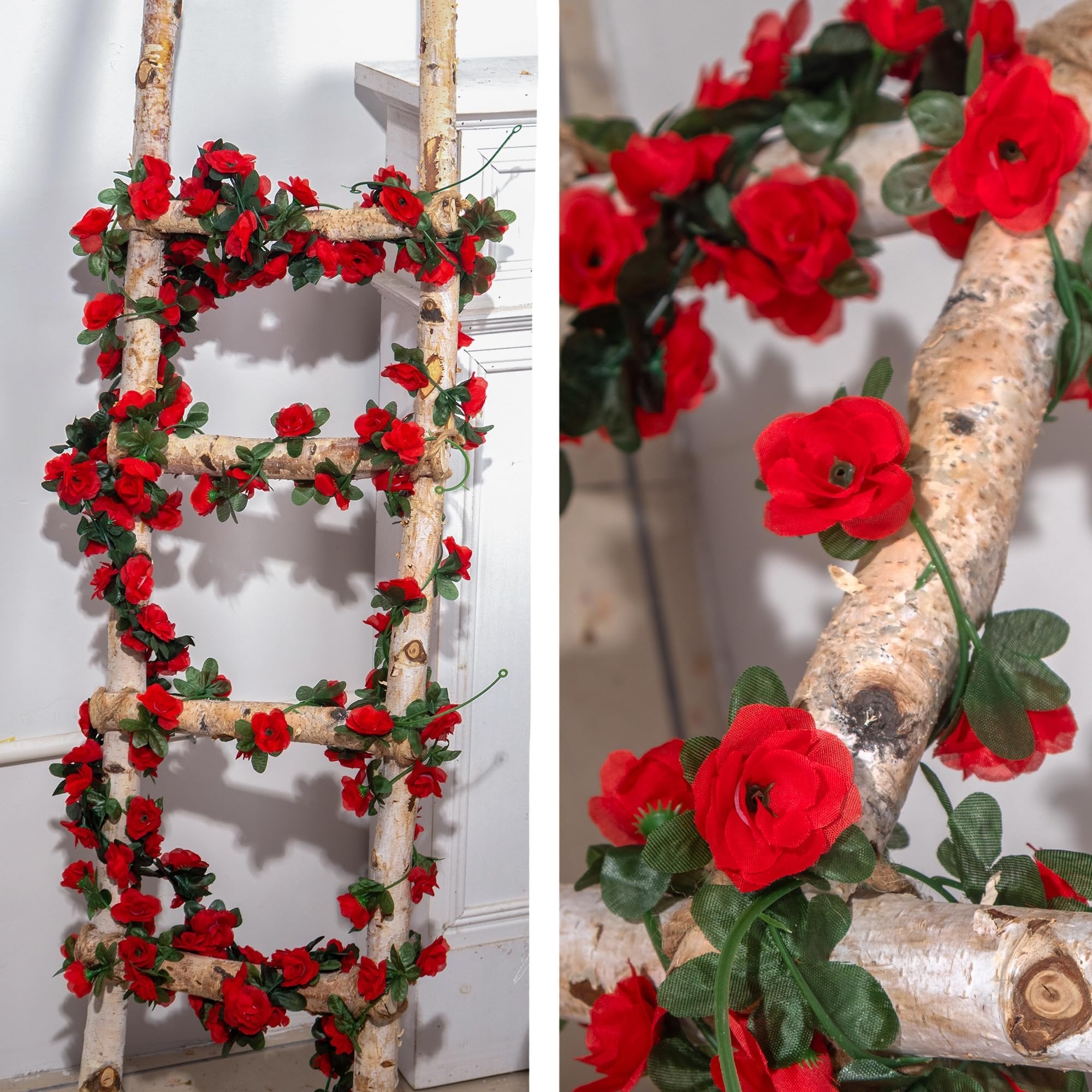Artificial red rose garland with green leaves draped on a birch wood ladder, close-up view
