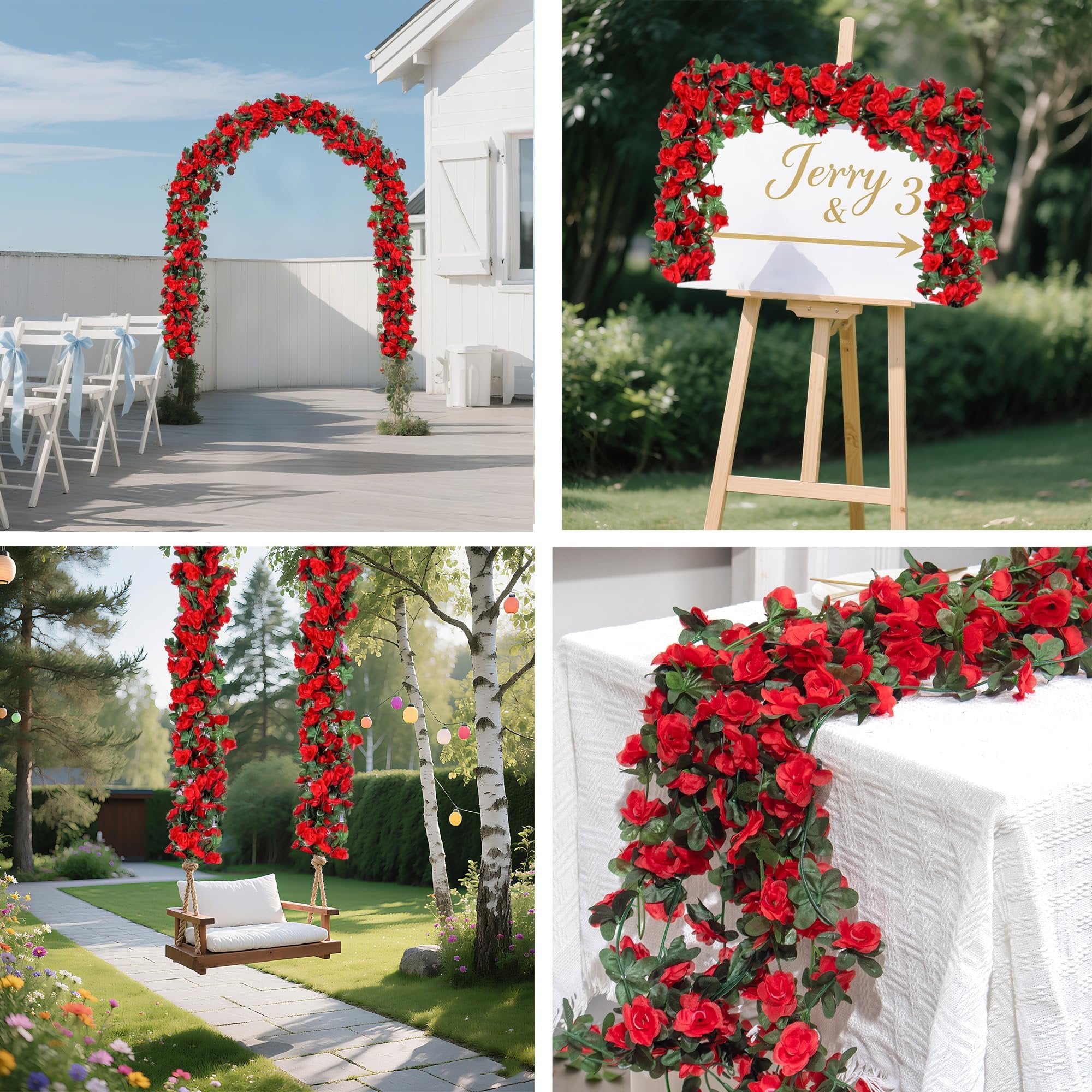 Artificial red rose garlands draped over an arch, a welcome sign, and a swing set in outdoor settings.