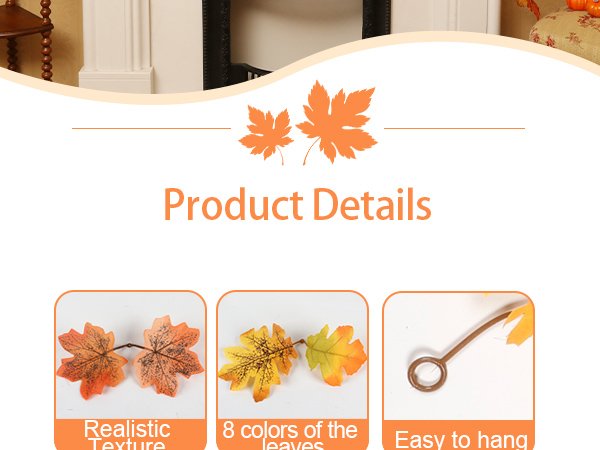 Artificial maple leaf garland with realistic texture and loop for hanging, showing autumn colors.