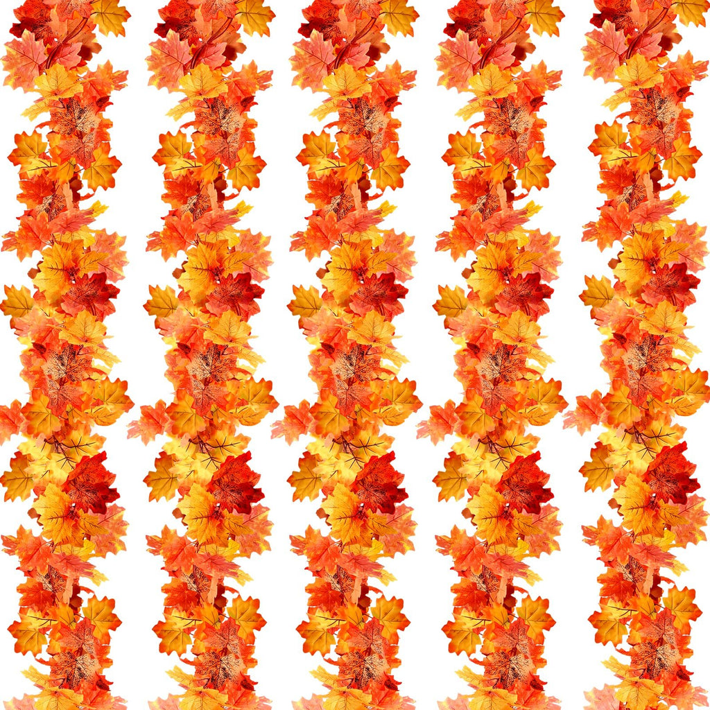 Autumn maple leaf garlands in red, orange, and yellow, arranged vertically in a repeating pattern on a white background.