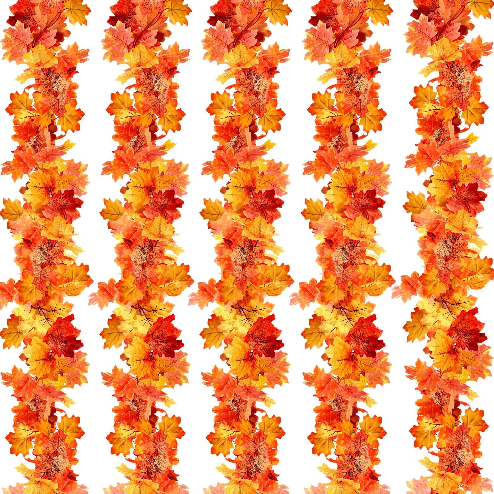 Autumn maple leaf garlands in red, orange, and yellow, arranged vertically in a repeating pattern on a white background.