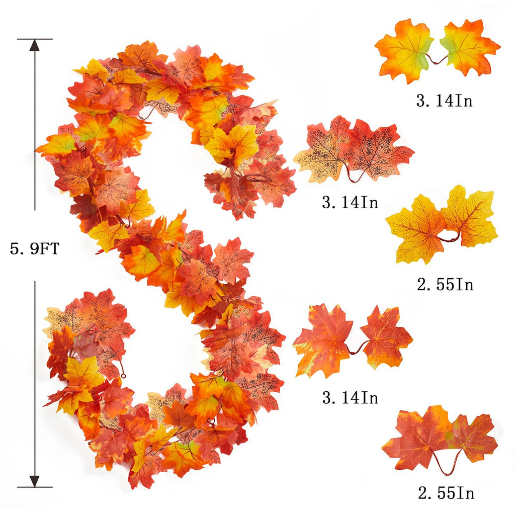 Artificial maple leaf garland in autumn colors, with size callouts for individual leaves.