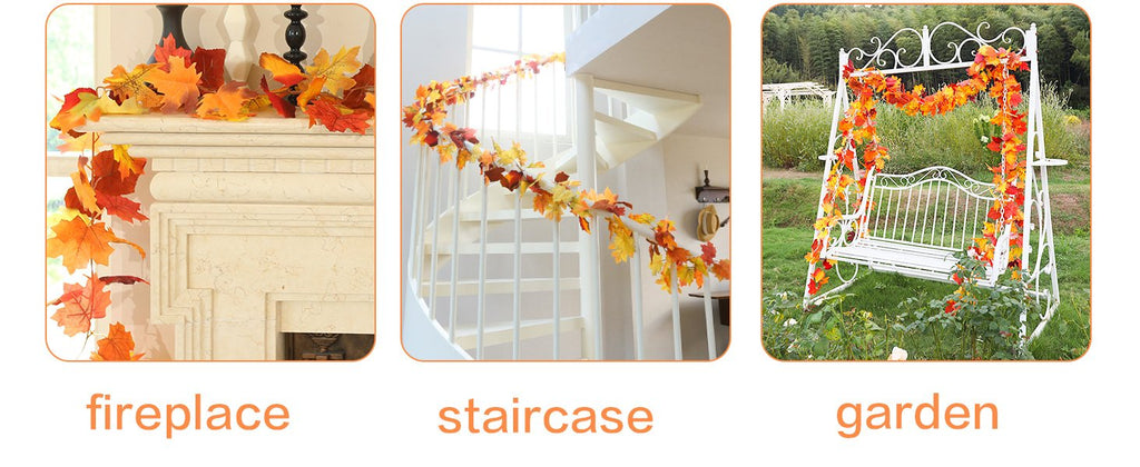 Artificial maple leaf garland draped over a fireplace mantel, wrapped around a staircase railing, and decorating a garden swing.
