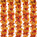 Five strands of artificial maple leaf garland in fall colors of orange, yellow, and red, displayed vertically against a white background.