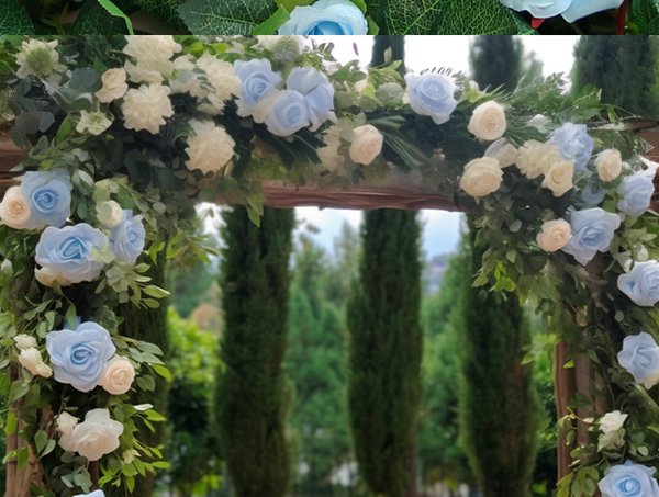 Artificial blue and white rose garlands draped over a wooden archway with trees in the background.