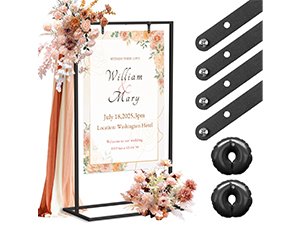 Wedding welcome sign stand with floral arrangements and hanging hardware