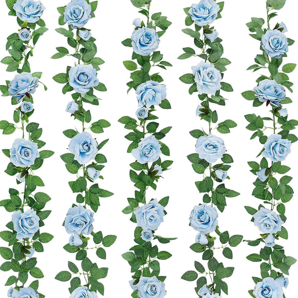Five artificial blue rose garlands with green leaves on a white background, displayed vertically.