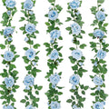Five artificial blue rose garlands with green leaves on a white background, displayed vertically.