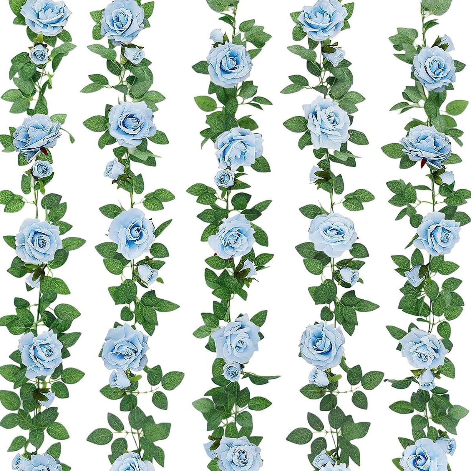Five artificial blue rose garlands with green leaves on a white background, displayed vertically.