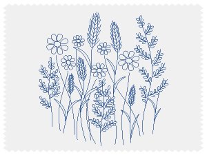 Embroidery pattern of wildflowers and wheat stalks in blue outline on white fabric background.