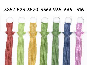 Embroidery thread samples in red, light green, yellow, green, blue, and pink, with numerical color codes above.