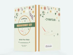 Two sides of a beginner embroidery kit box with floral patterns and text.