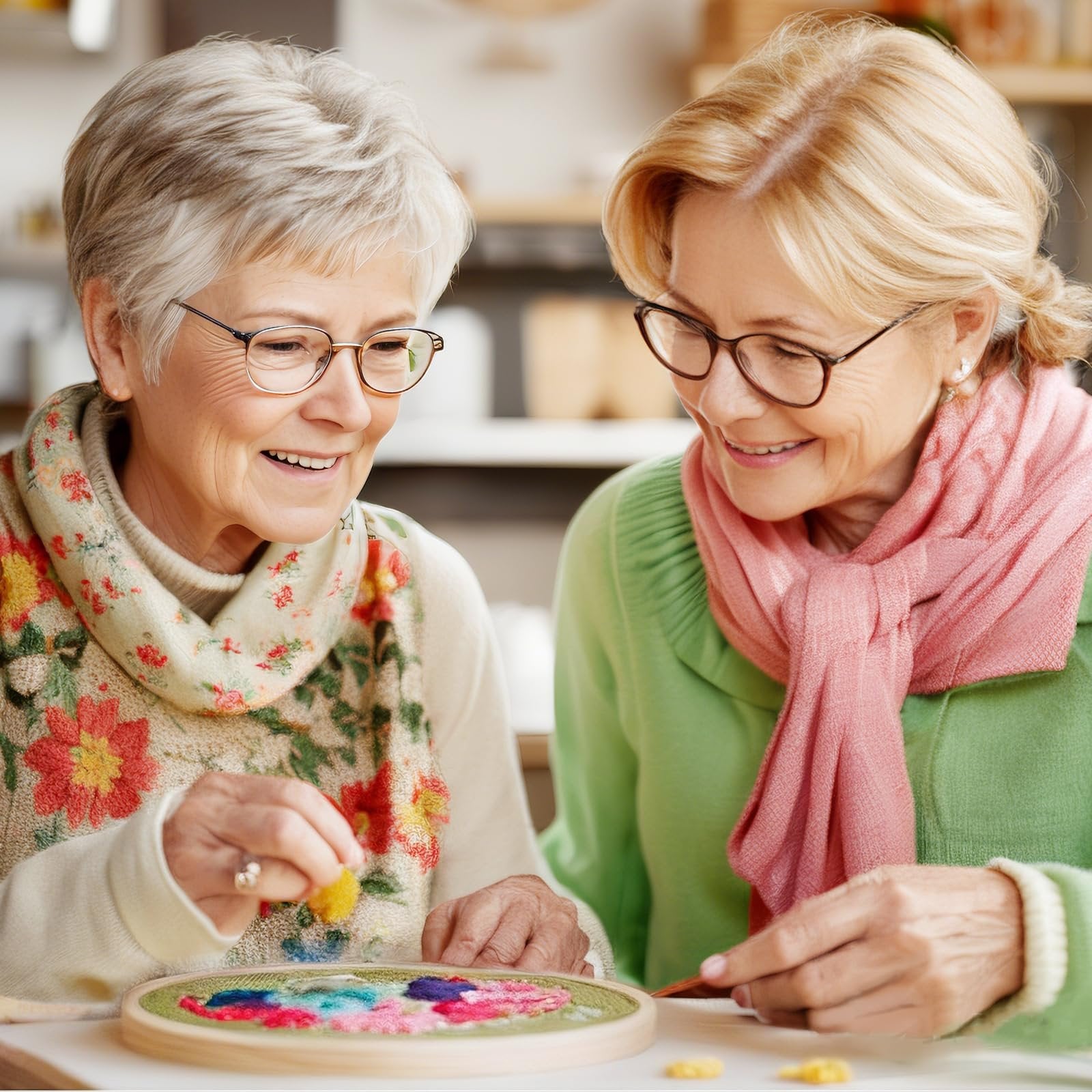 Two smiling elderly women doing embroidery together, one holding a needle and thread to a floral pattern in a hoop.