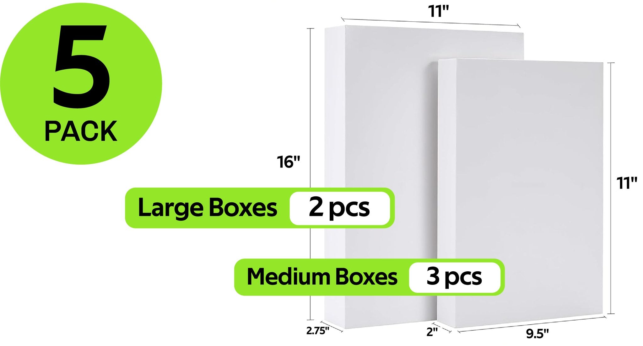 Two white gift boxes, one large and one medium, with dimensions labeled. A green circle indicates '5 PACK'.