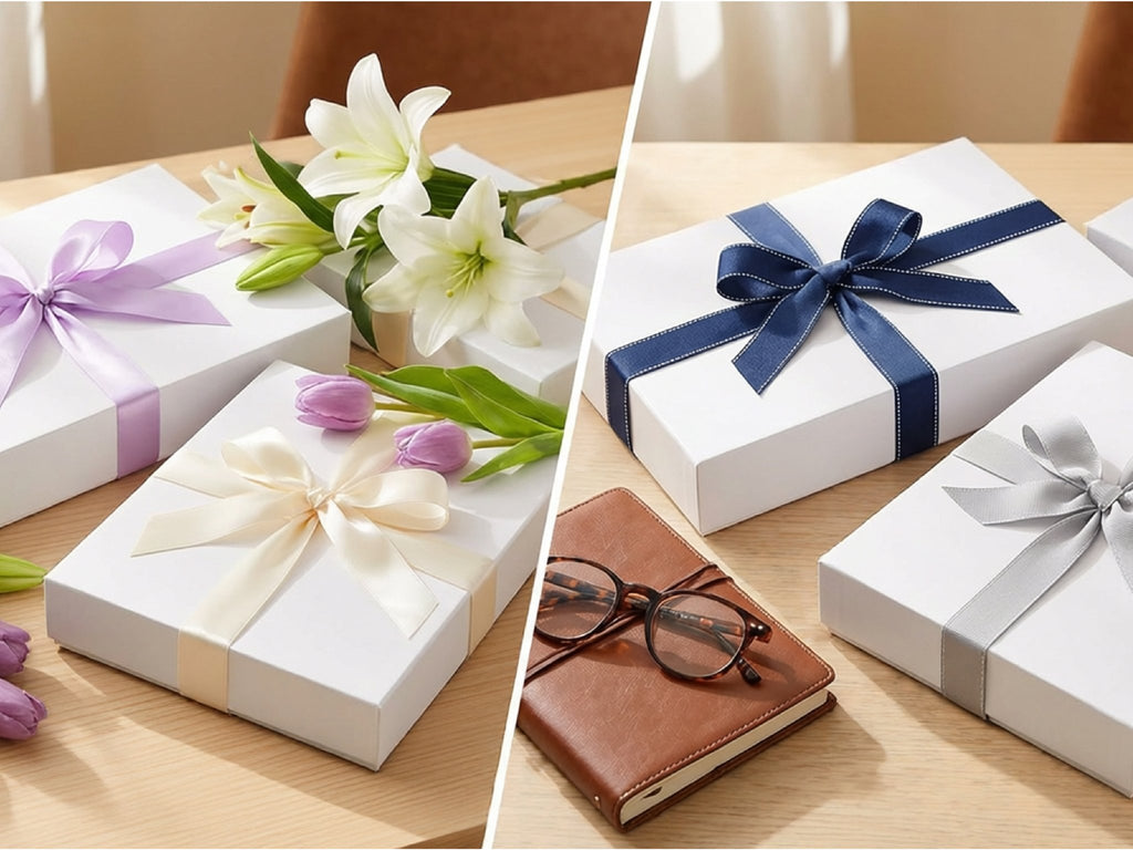 Collage of white gift boxes with assorted ribbon colors and decorative flowers, plus a notebook and glasses.
