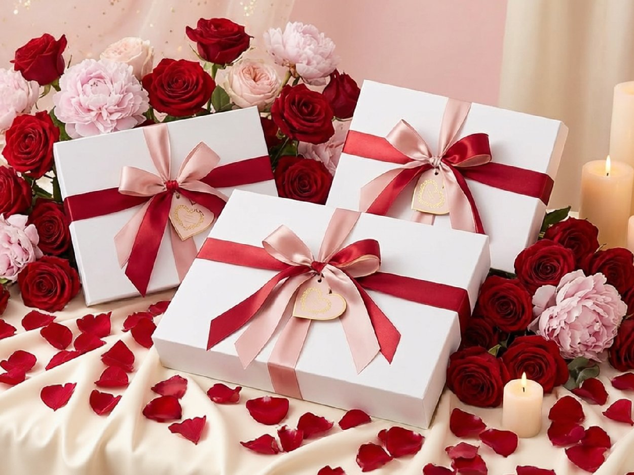 Three white gift boxes with red and pink ribbons, surrounded by red and pink roses and rose petals, with candles in the background.