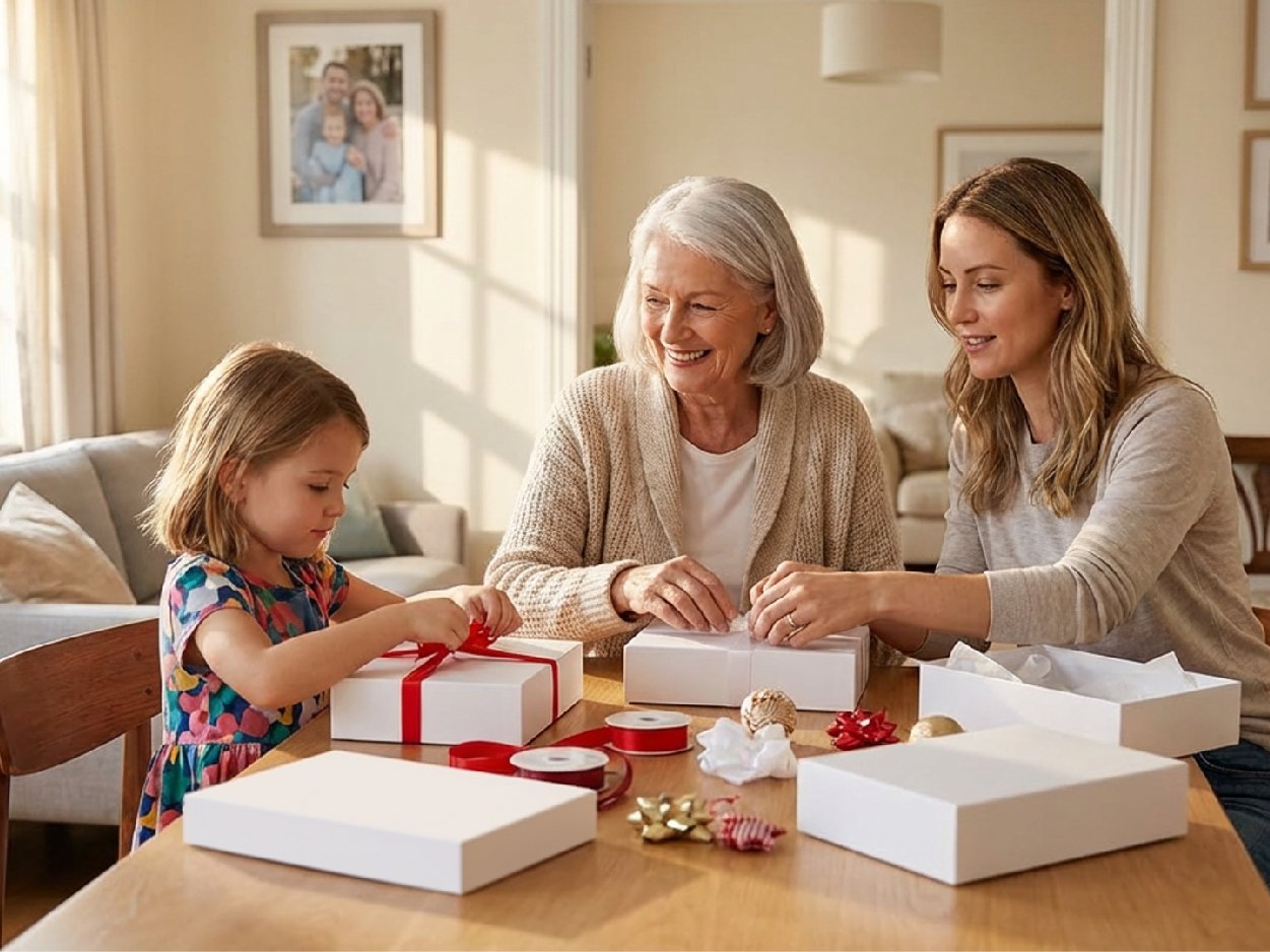Three generations of women wrapping white gift boxes with red ribbon on a wooden table.