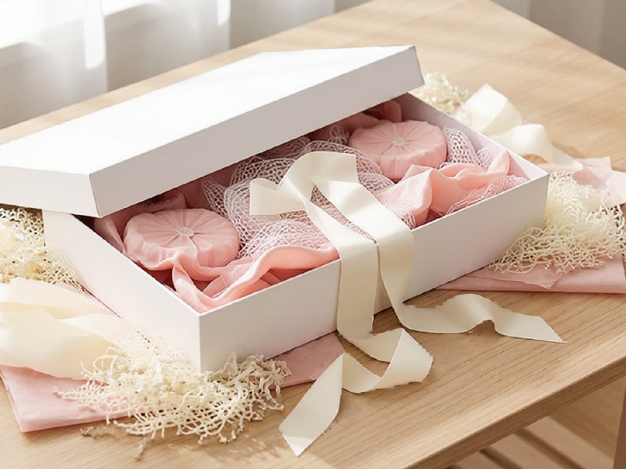 White gift box with lid open, filled with pink tissue paper, netting, and decorative items, tied with a cream ribbon.