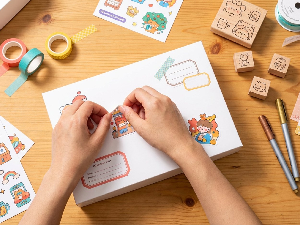 Hands decorating a white gift box with cute stickers and washi tape on a wooden table.
