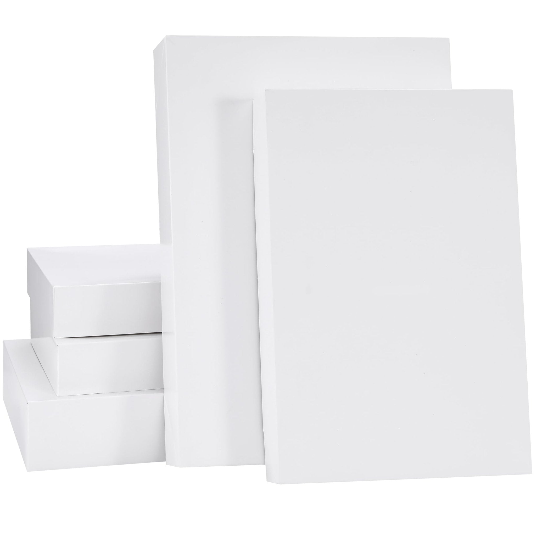 Five white gift boxes with lids stacked and arranged, showing assorted sizes on a white background.