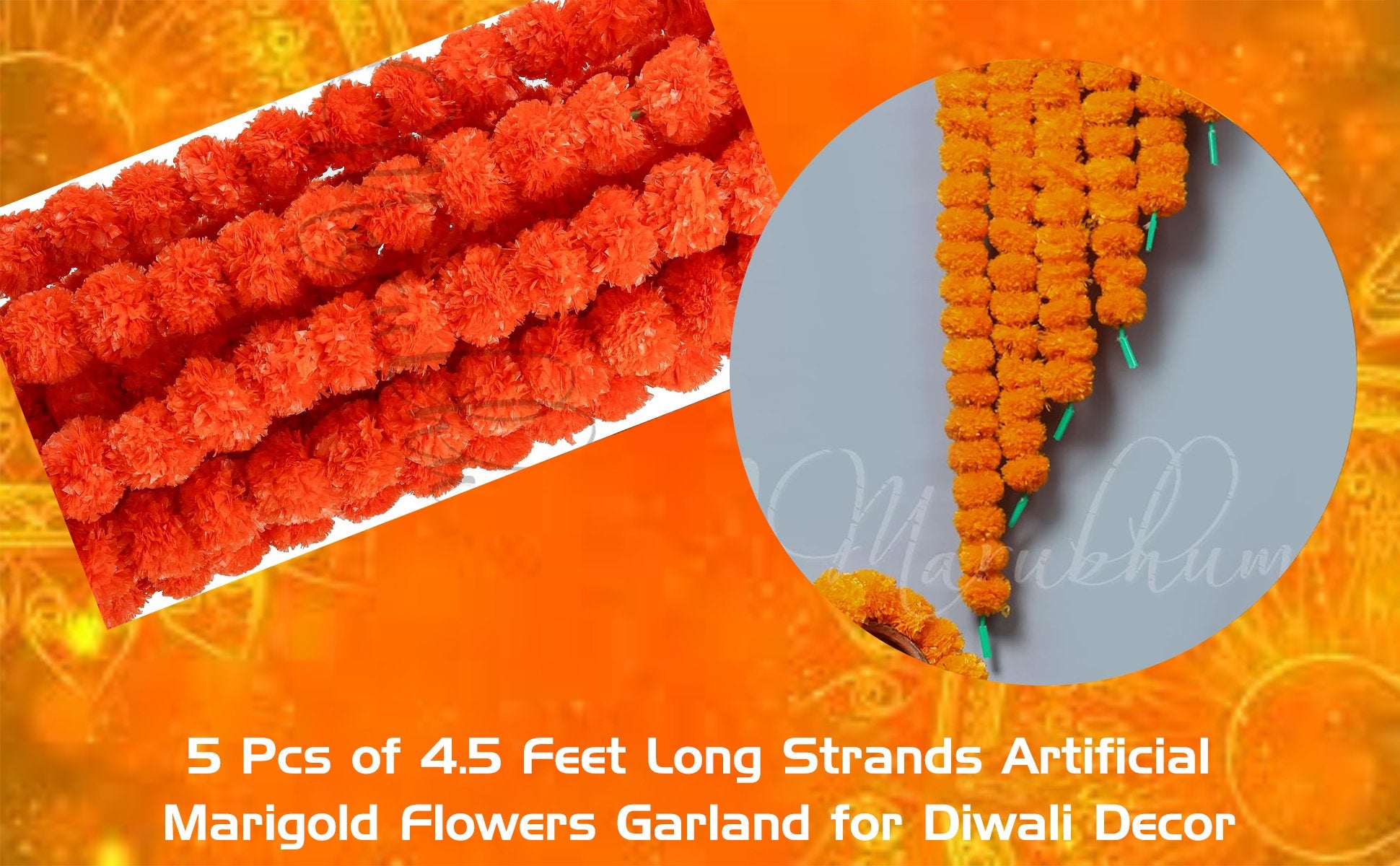 Artificial marigold flower garlands displayed in two arrangements, one diagonal and one hanging vertically.