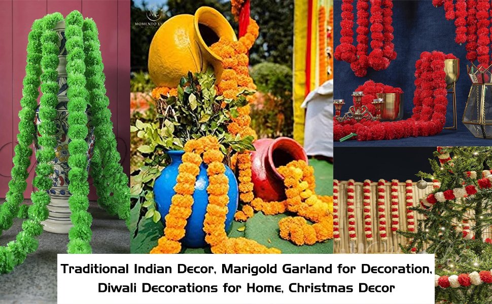 Collage of artificial marigold flower garlands in green, orange, red, and white/red striped patterns, used for various decorations.