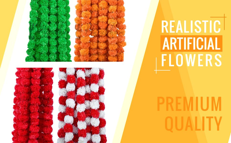 Four strands of artificial marigold flower garlands in green, orange, red, and red-and-white patterns.