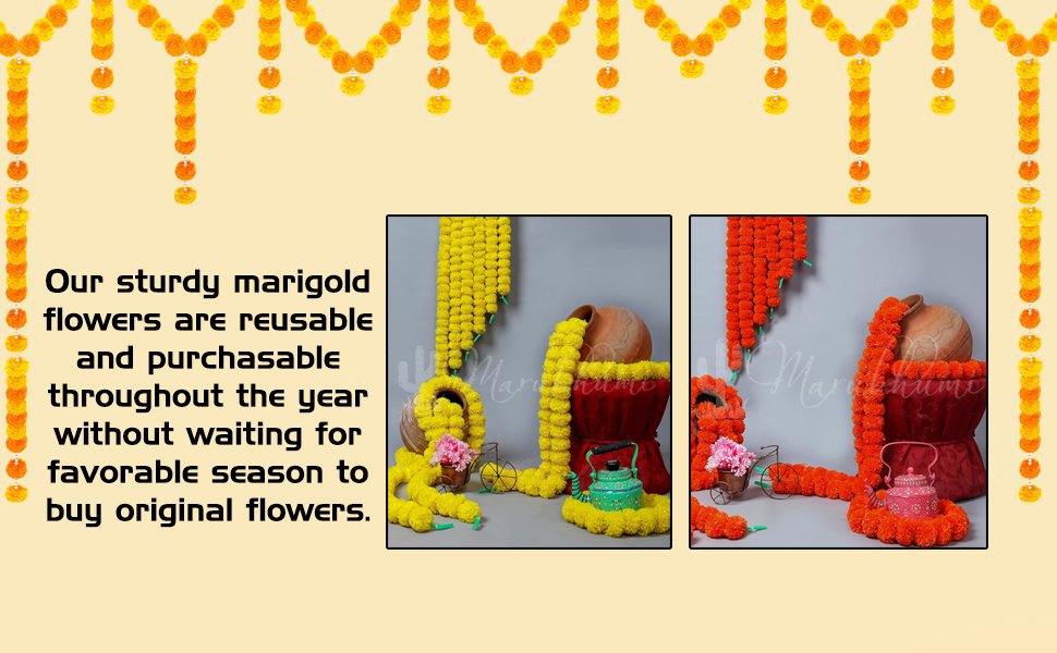 Two arrangements of artificial marigold flower garlands, one yellow and one orange, displayed with decorative pots and kettles.