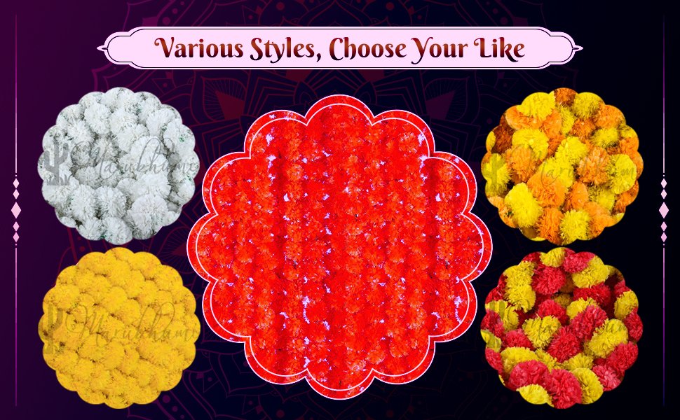 Five circular arrangements of artificial marigold flowers in white, red, yellow, orange, and red/yellow mix.