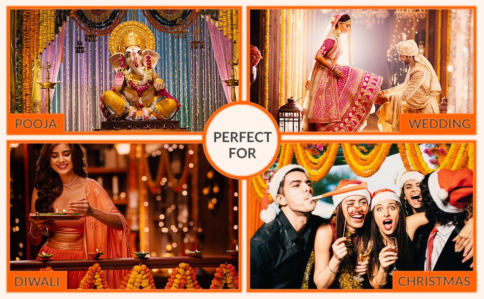 Collage of four scenes: deity statue for Pooja, couple in wedding attire, woman celebrating Diwali, and friends at a Christmas party.
