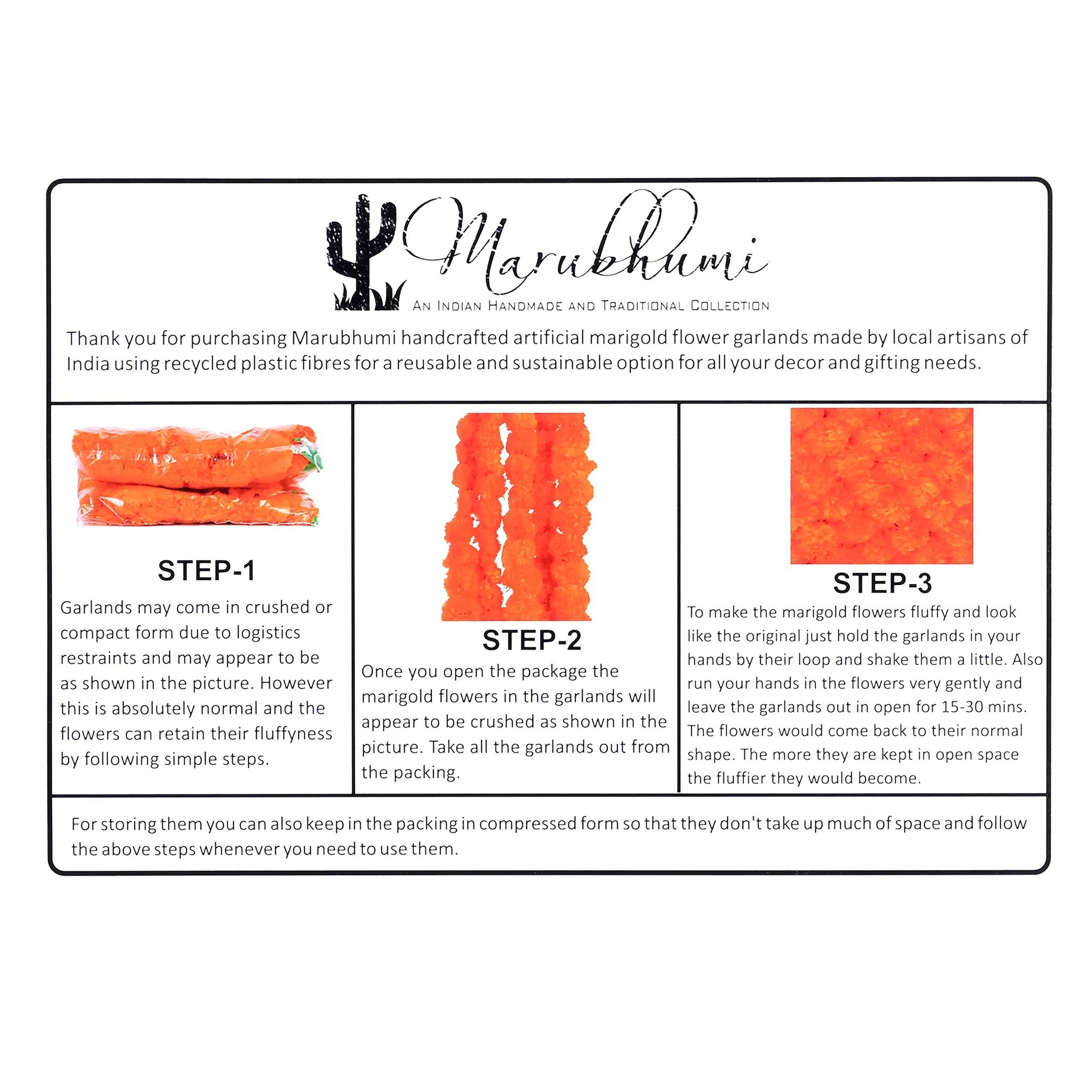 Instructions for fluffing artificial marigold flower garlands, showing packaging and steps.
