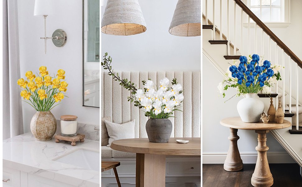 Collage of artificial iris flower arrangements in vases in home decor settings.