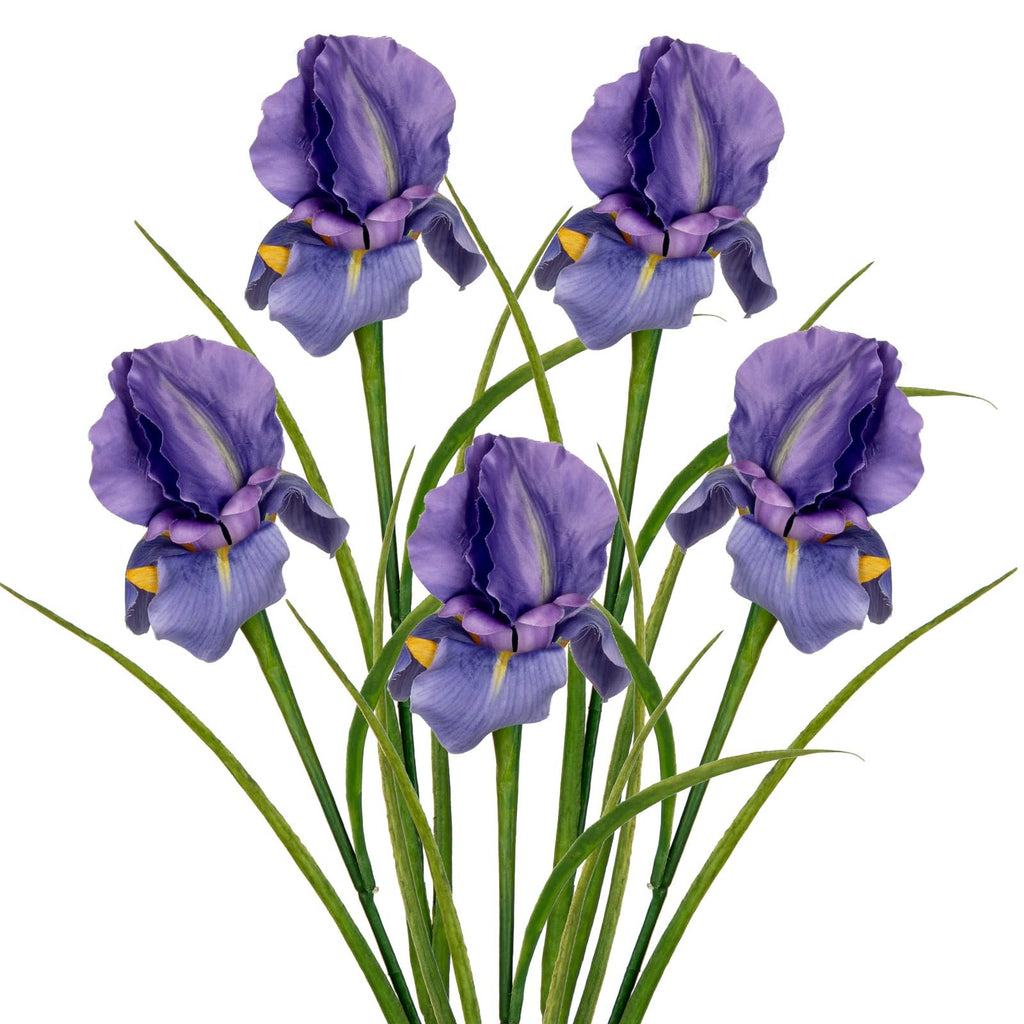 Five purple artificial iris flowers with green stems and leaves on a white background.