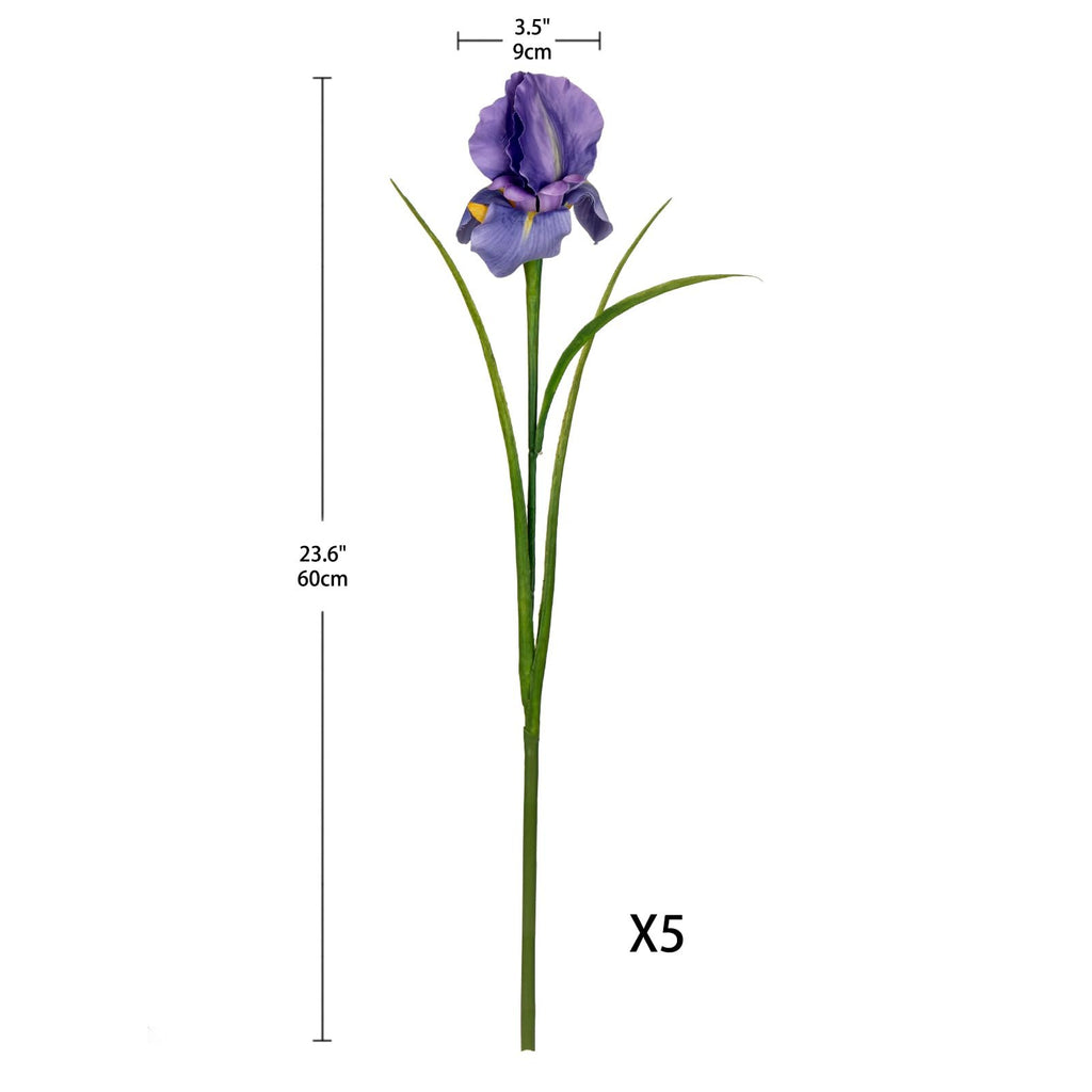 Single purple artificial iris flower stem with green leaves, showing dimensions 23.6" and 3.5" width, with 'X5' quantity indicator.