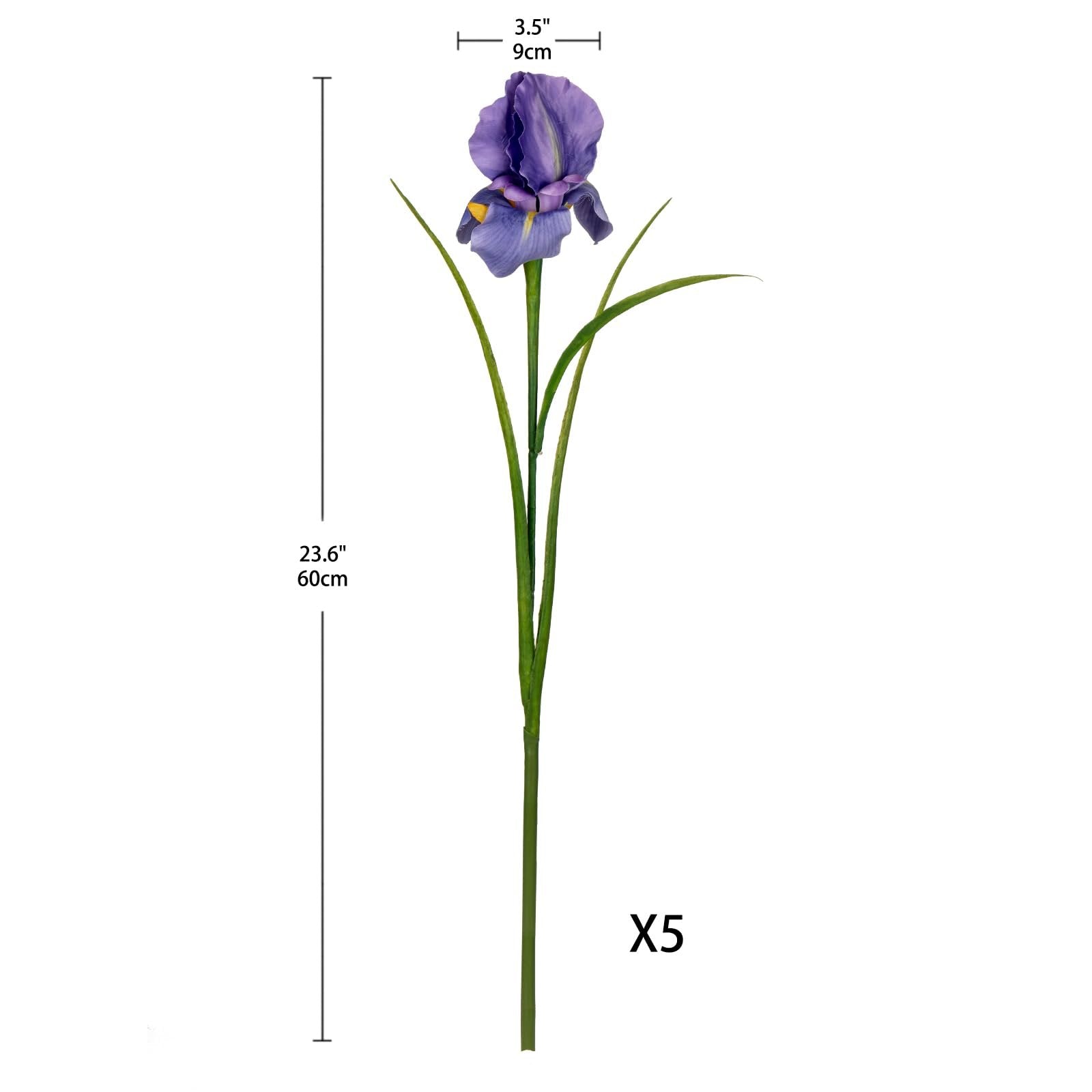 Single purple artificial iris flower stem with green leaves, showing dimensions 23.6" and 3.5" width, with 'X5' quantity indicator.