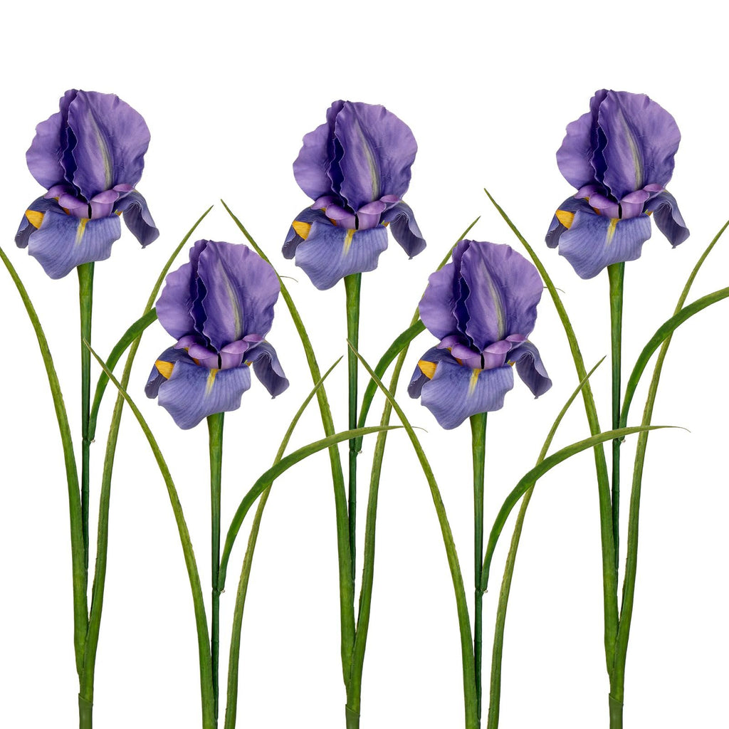 Five purple artificial iris flowers with green stems and leaves on a white background
