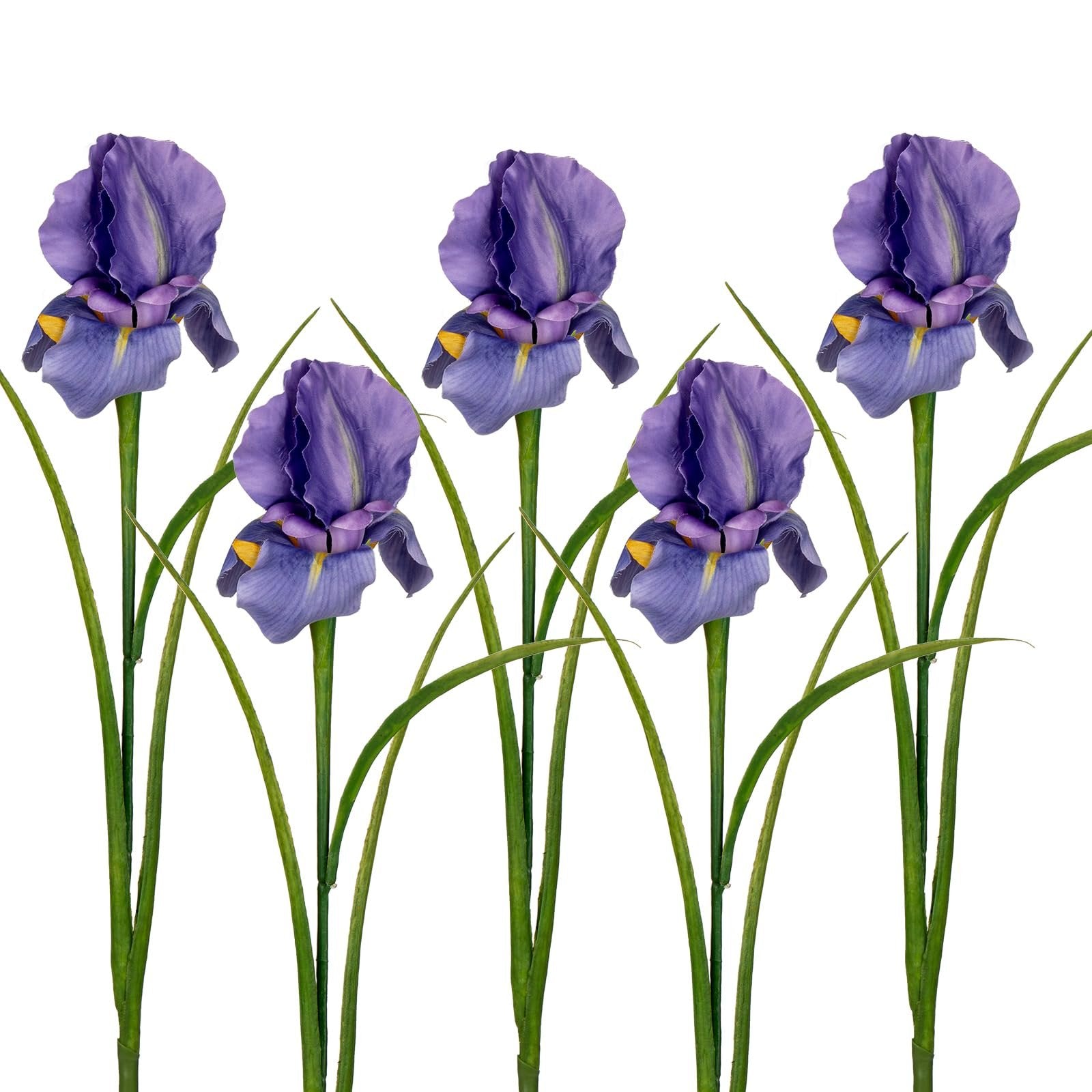 Five purple artificial iris flowers with green stems and leaves on a white background