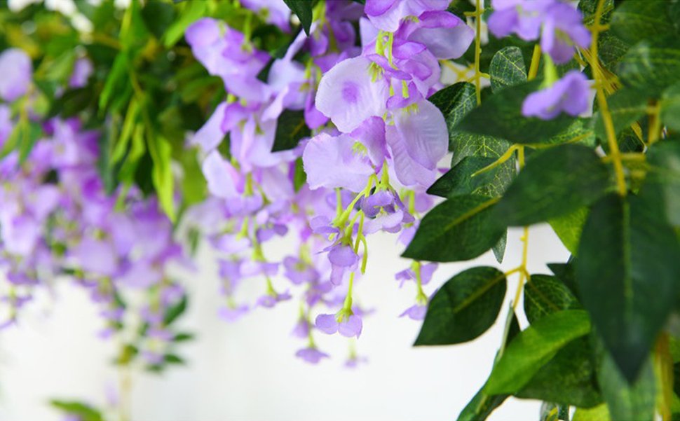 Close-up of purple artificial wisteria flowers and green leaves hanging against a white background.